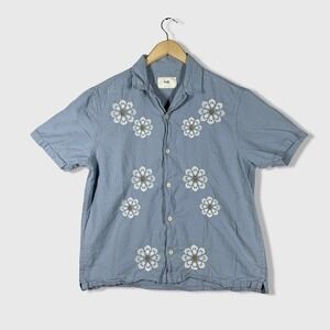 Folk Button Up Shirt Mens L Blue Embroidered Floral Linen Blend Camp Casual